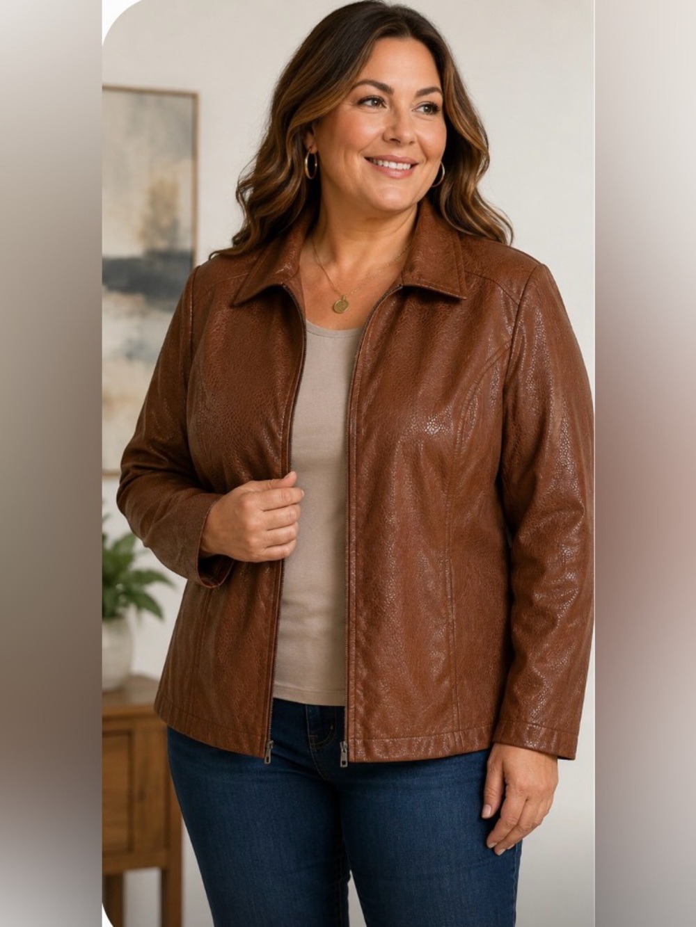 Kim Rogers Brown Faux Leather Jacket Zip Front Jacket Women’s Size 16, P2P 24”